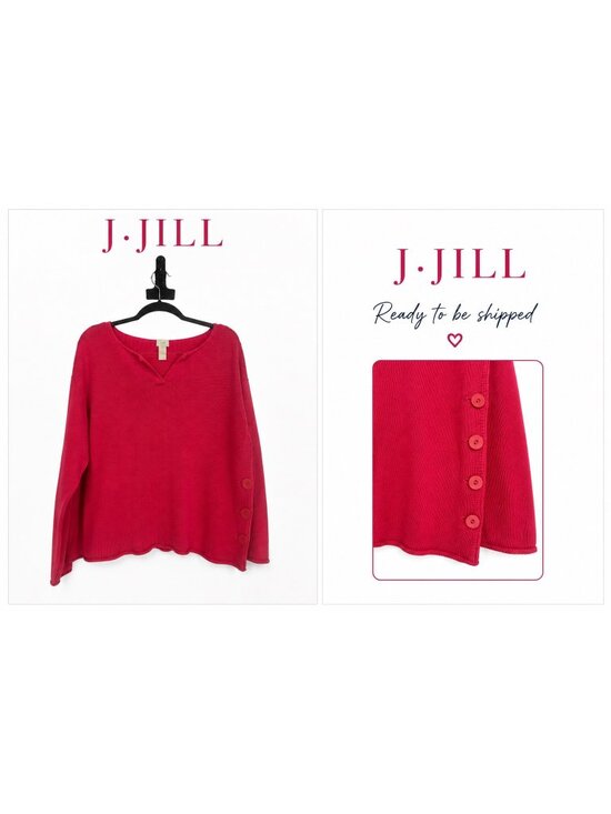 J Jill Sweaters - J Jill Cotton Knit Sweater Medium Pink Split Neck Side Button Pullover Preppy
